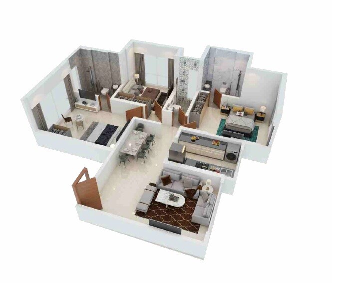 Floor plan of 3 BHK 942 Sq. Ft. Apartment in Sangam Charkop Akash Kiran CHS, Mumbai