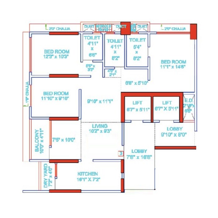 Floor plan of 3 BHK 1113 Sq. Ft. Apartment in Sangam Veda, Mumbai