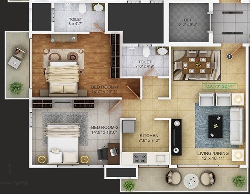 Floor plan of 2 BHK 701 Sq. Ft. Apartment in Sanghvi Aaditya Elegance, Mumbai