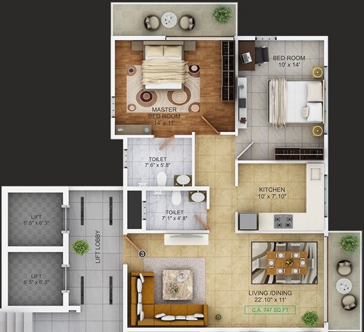 Floor plan of 2 BHK 747 Sq. Ft. Apartment in Sanghvi Aaditya Elegance, Mumbai
