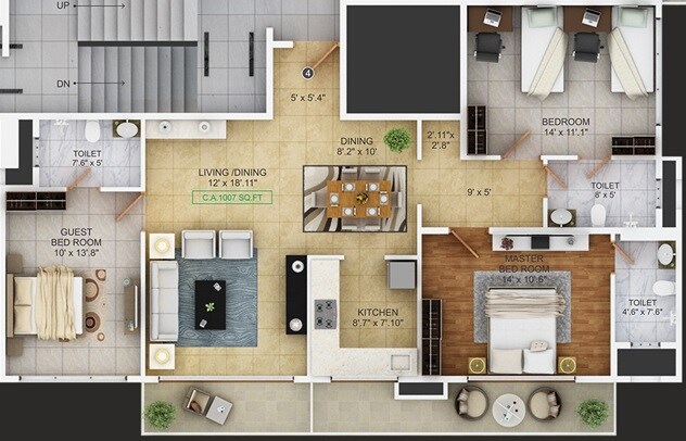 Floor plan of 3 BHK 1007 Sq. Ft. Apartment in Sanghvi Aaditya Elegance, Mumbai