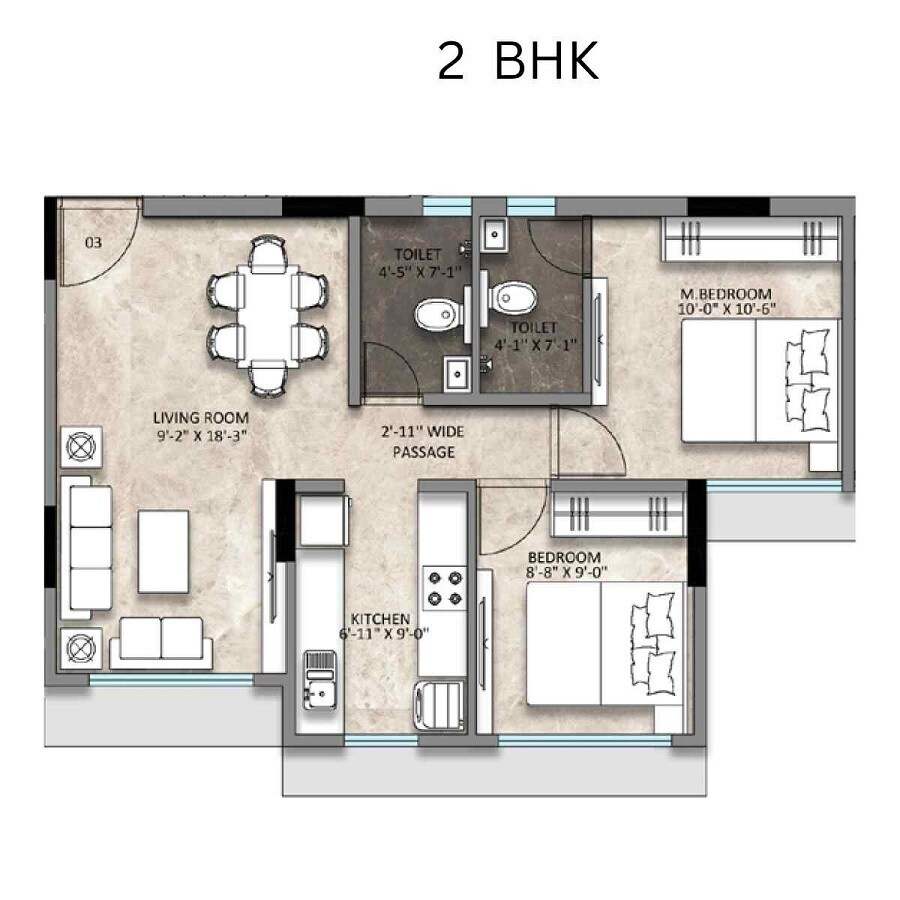 Floor plan of 2 BHK 558 Sq. Ft. Apartment in Sanghvi Aria, Mumbai