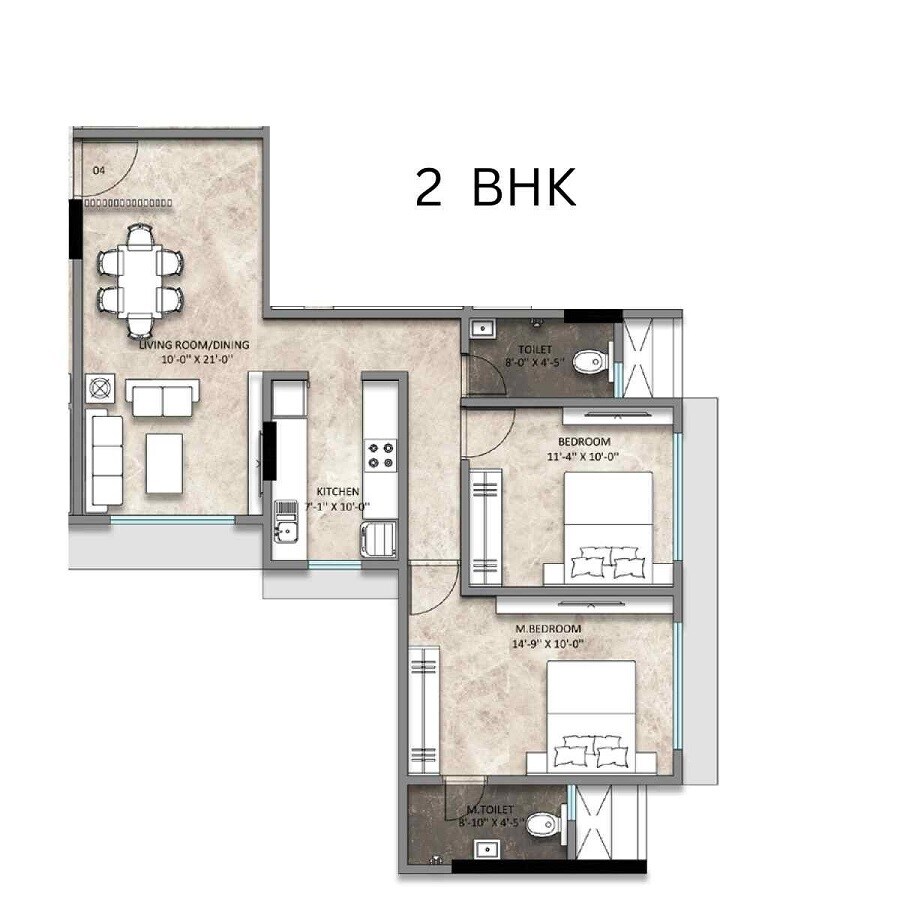 Floor plan of 2 BHK 741 Sq. Ft. Apartment in Sanghvi Aria, Mumbai
