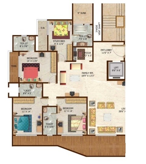 Floor plan of 3 BHK 1163 Sq. Ft. Apartment in Sanghvi Ashish Sea View, Mumbai
