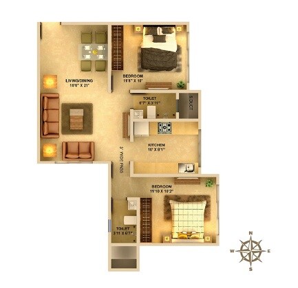 Floor plan of 2 BHK 508 Sq. Ft. Apartment in Sanghvi Eleganza, Mumbai