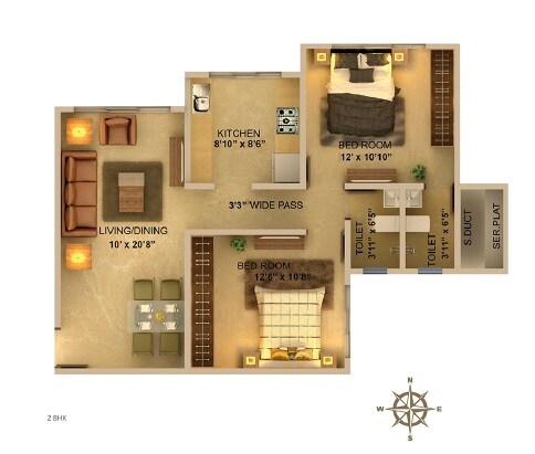 Floor plan of 2 BHK 676 Sq. Ft. Apartment in Sanghvi Eleganza, Mumbai