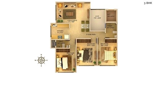 Floor plan of 3 BHK 871 Sq. Ft. Apartment in Sanghvi Eleganza, Mumbai