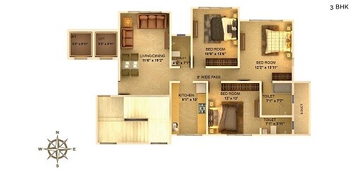 Floor plan of 3 BHK 982 Sq. Ft. Apartment in Sanghvi Eleganza, Mumbai