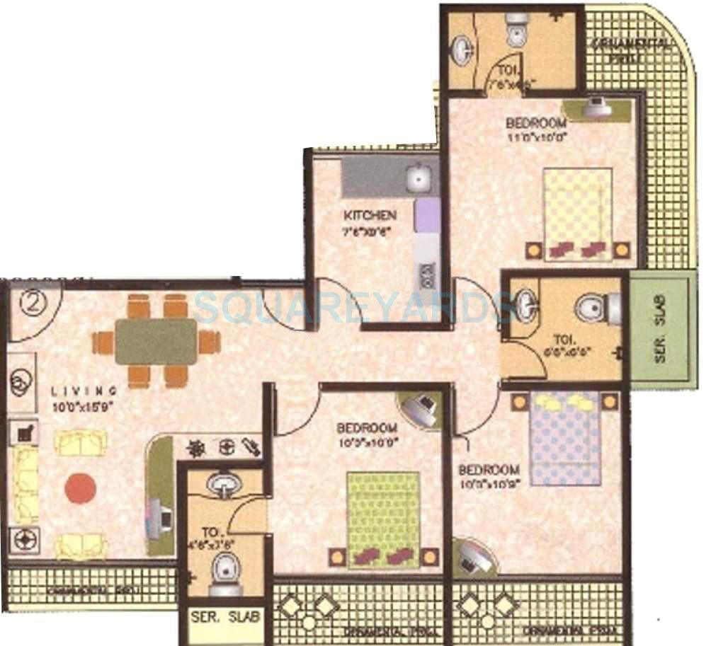 Floor plan of 3 BHK 1520 Sq. Ft. Apartment in Sanghvi Galaxy, Mumbai