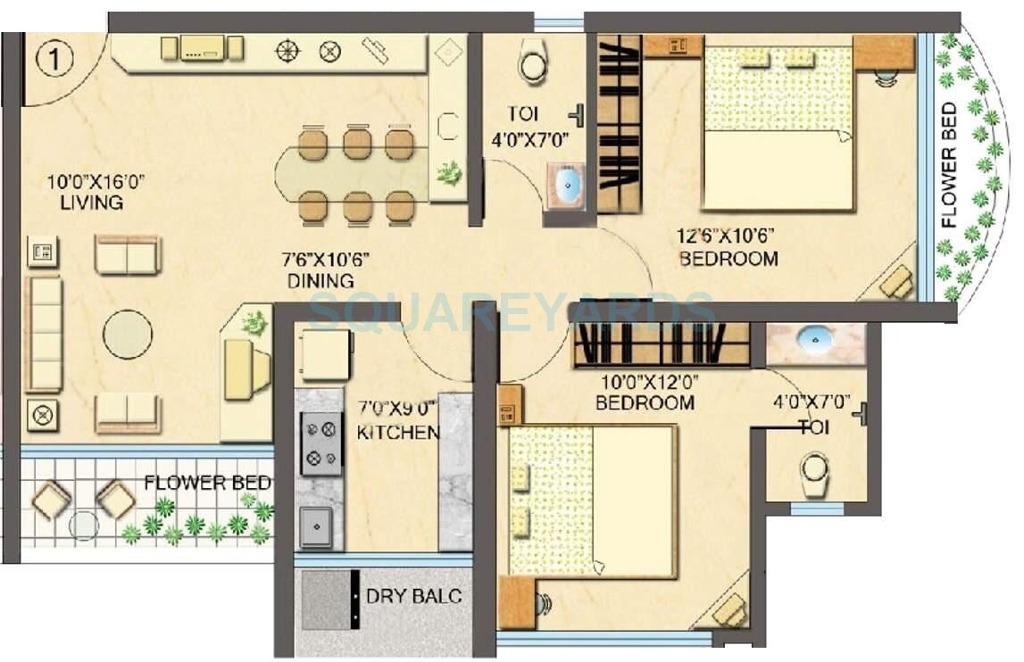 Floor plan of 2 BHK 637 Sq. Ft. Apartment in Sanghvi Heights Phase 2, Mumbai