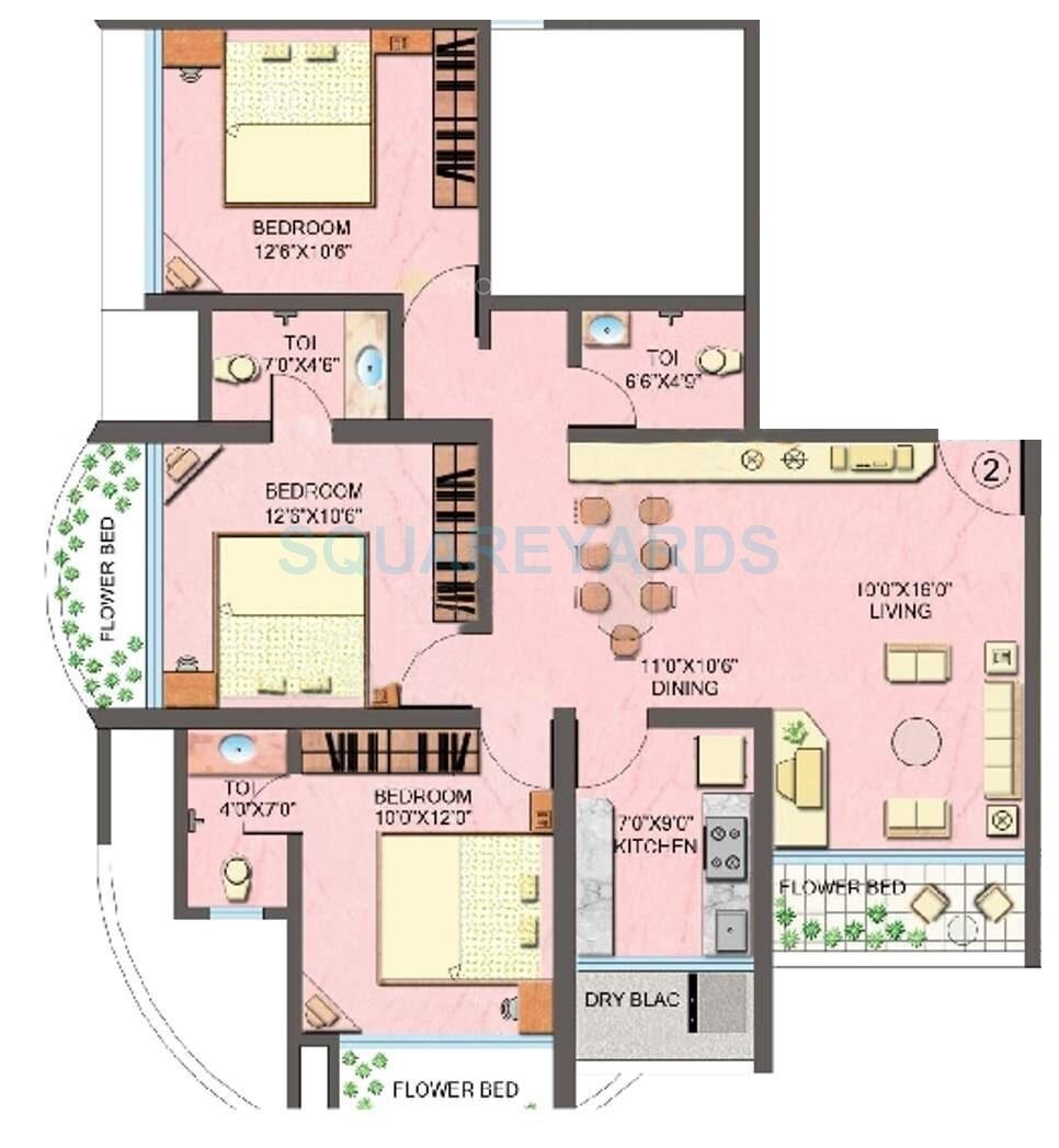 3 BHK 844 Sq. Ft. Apartment