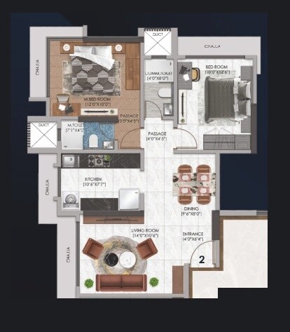 Floor plan of 2 BHK 688 Sq. Ft. Apartment in Sanghvi Horizon, Mumbai