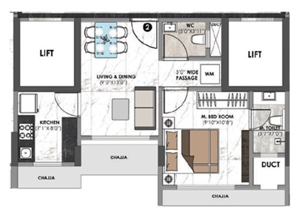 Floor plan of 1 BHK 369 Sq. Ft. Apartment in Sanghvi Palazzo, Mumbai