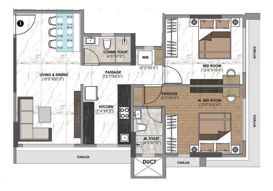 Floor plan of 2 BHK 687 Sq. Ft. Apartment in Sanghvi Palazzo, Mumbai