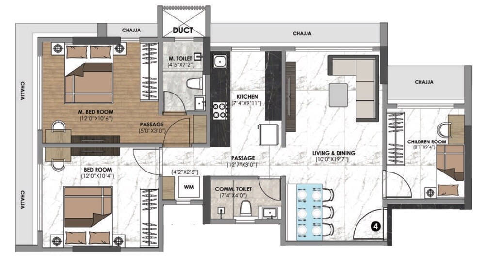 Floor plan of 3 BHK 770 Sq. Ft. Apartment in Sanghvi Palazzo, Mumbai