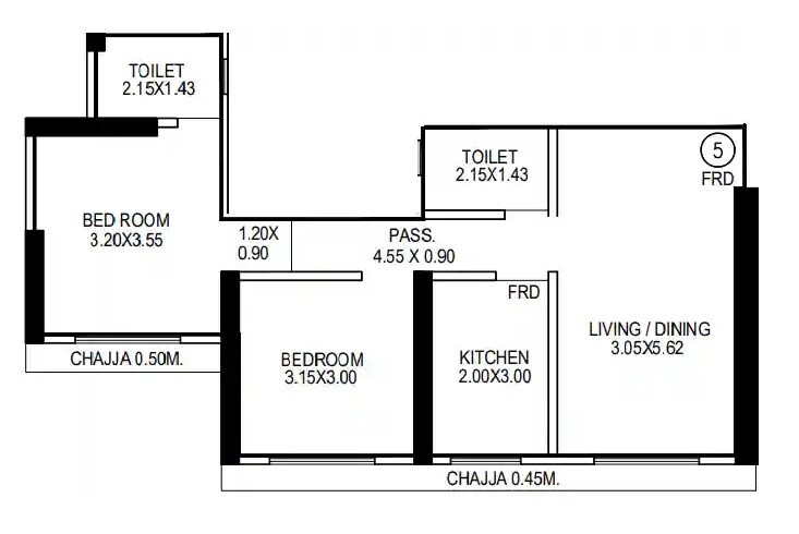 Floor plan of 2 BHK 576 Sq. Ft. Apartment in Sanghvi Parsssva Eternity, Mumbai