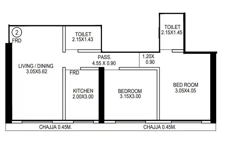 Floor plan of 2 BHK 630 Sq. Ft. Apartment in Sanghvi Parsssva Eternity, Mumbai