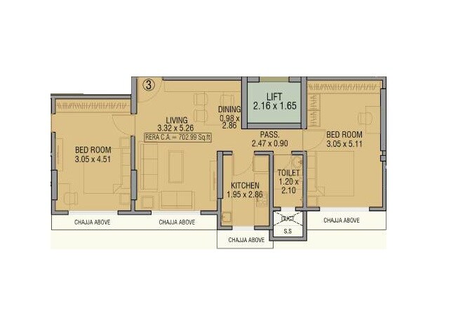 Floor plan of 2 BHK 435 Sq. Ft. Apartment in Sanghvi Parsssva Jivdaya, Mumbai