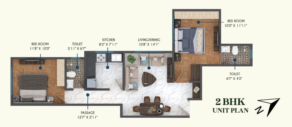 Floor plan of 2 BHK 760 Sq. Ft. Apartment in Sanghvi Parsssva Jivdaya, Mumbai