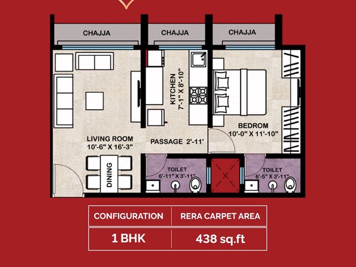 Floor plan of 1 BHK 438 Sq. Ft. Apartment in Sanghvi Pride, Mumbai