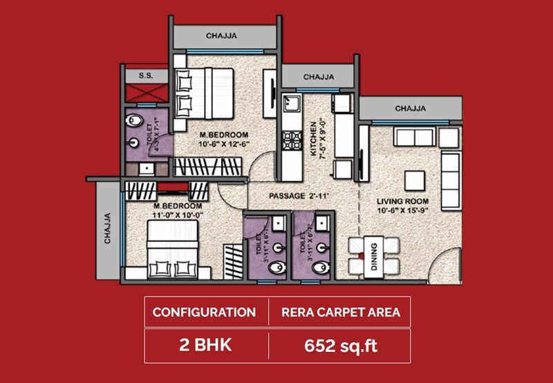 Floor plan of 2 BHK 652 Sq. Ft. Apartment in Sanghvi Pride, Mumbai