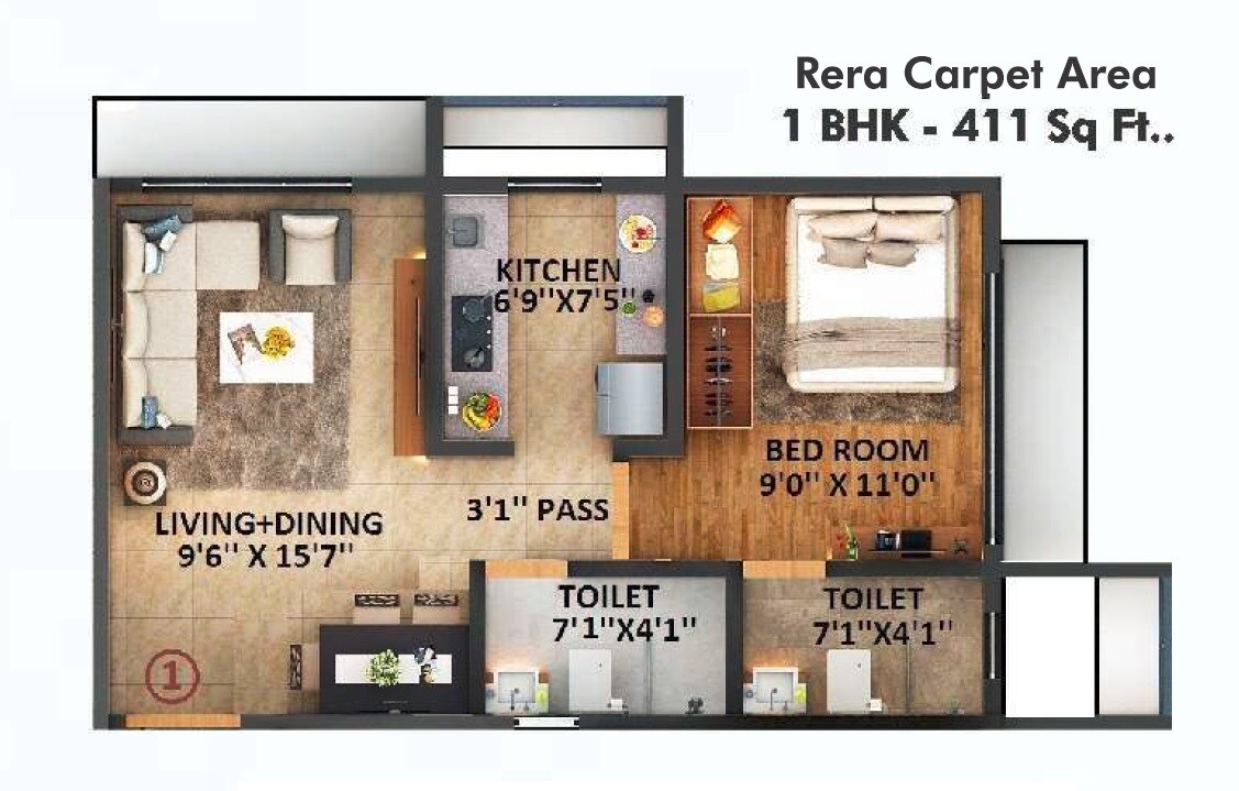 Floor plan of 1 BHK 411 Sq. Ft. Apartment in Sanghvi S3 Proxima, Mumbai