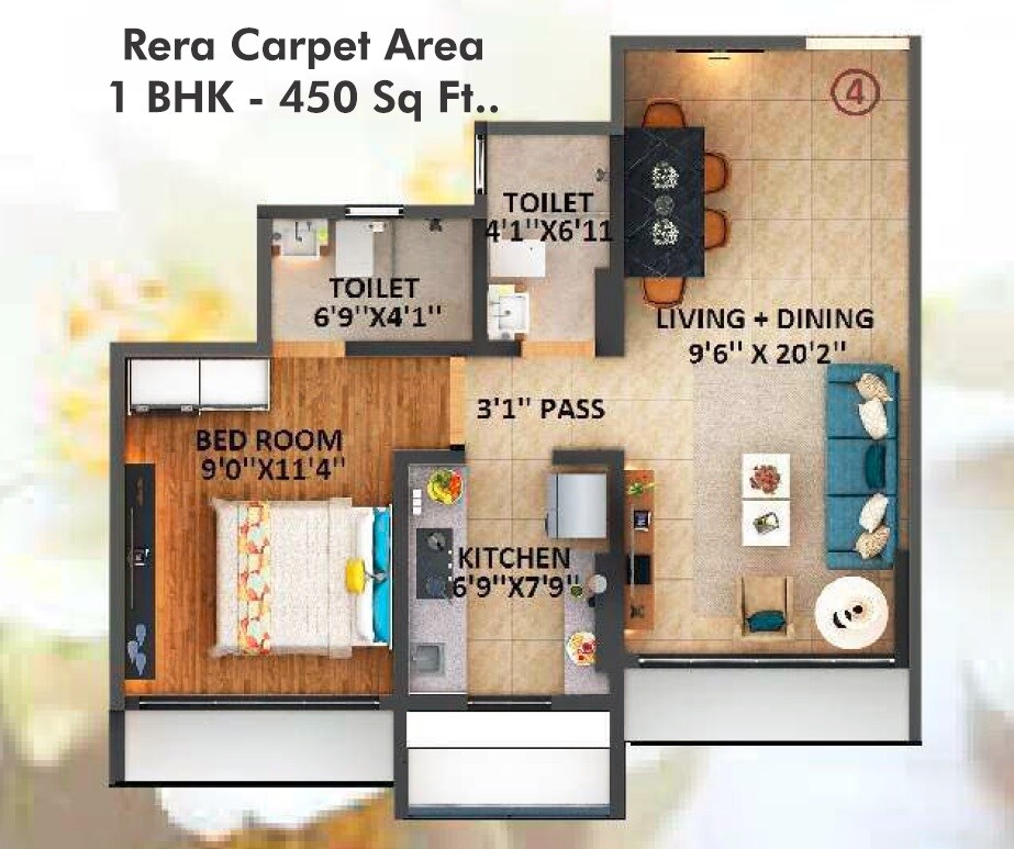 Floor plan of 1 BHK 450 Sq. Ft. Apartment in Sanghvi S3 Proxima, Mumbai