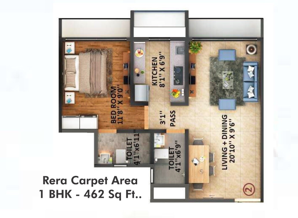 Floor plan of 1 BHK 462 Sq. Ft. Apartment in Sanghvi S3 Proxima, Mumbai