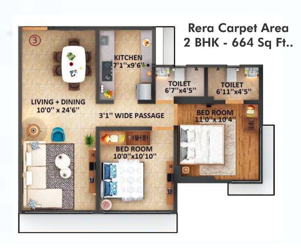 Floor plan of 2 BHK 644 Sq. Ft. Apartment in Sanghvi S3 Proxima, Mumbai