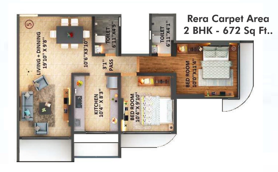 Floor plan of 2 BHK 672 Sq. Ft. Apartment in Sanghvi S3 Proxima, Mumbai