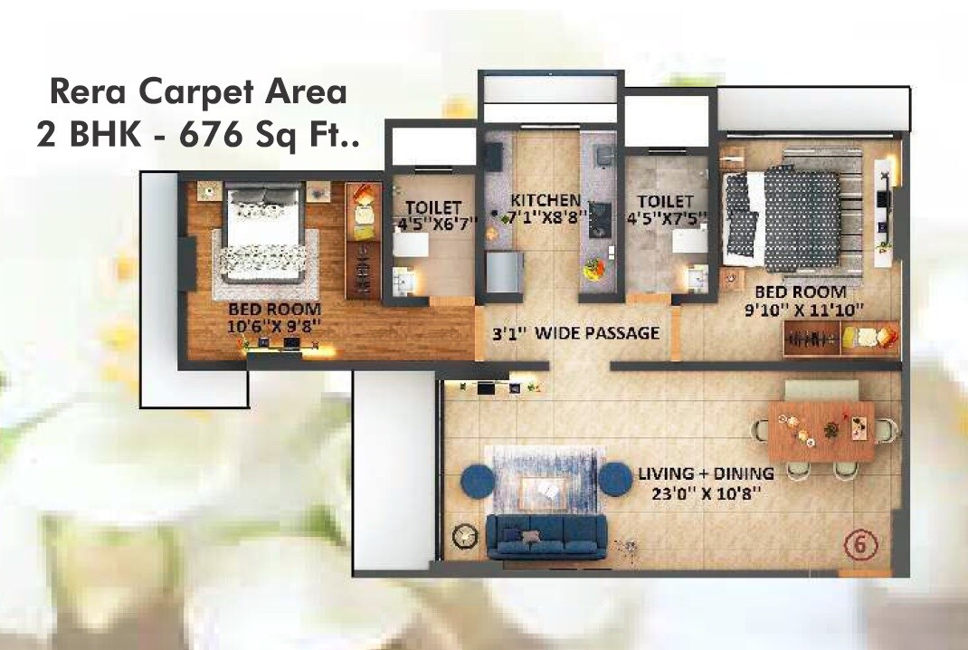 Floor plan of 2 BHK 676 Sq. Ft. Apartment in Sanghvi S3 Proxima, Mumbai