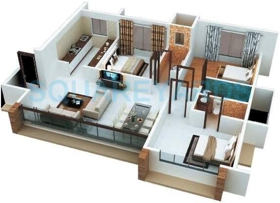 Floor plan of 3 BHK 951 Sq. Ft. Apartment in Sanghvi Solitaire, Mumbai