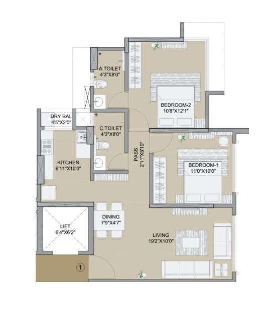 Floor plan of 2 BHK 638 Sq. Ft. Apartment in Sanket Solitaire Aawas, Mumbai