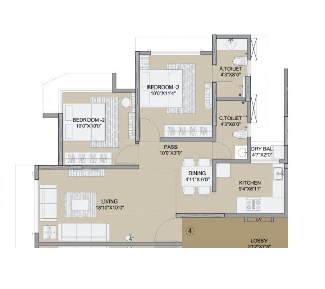 Floor plan of 2 BHK 721 Sq. Ft. Apartment in Sanket Solitaire Aawas, Mumbai