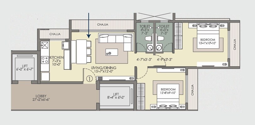 Floor plan of 2 BHK 547 Sq. Ft. Apartment in Sanskruti Vrushi, Mumbai