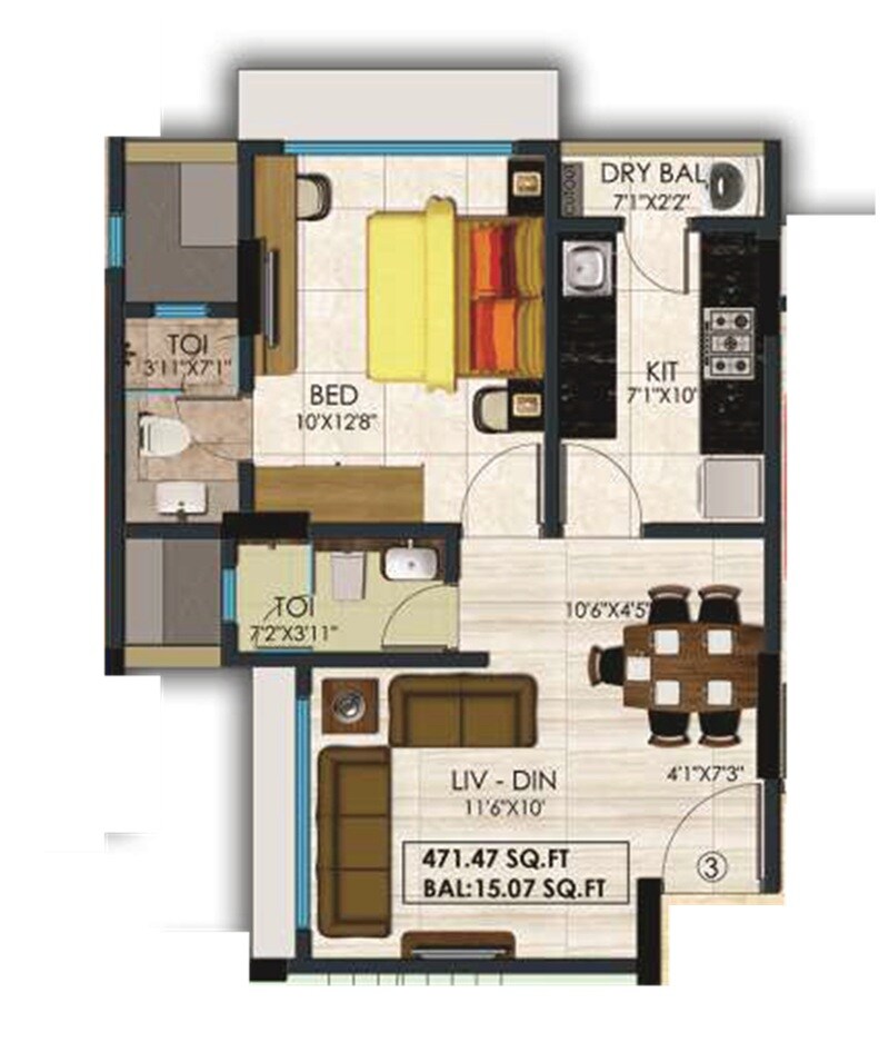 1 BHK 471 Sq. Ft. Apartment