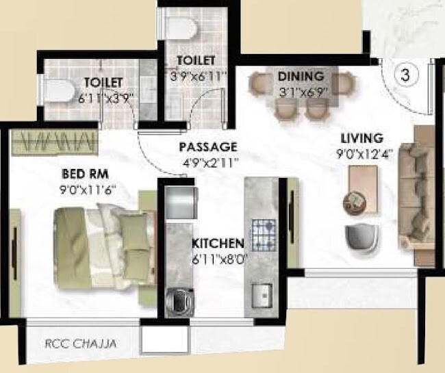 Floor plan of 1 BHK 378 Sq. Ft. Apartment in Saptarshi CHS Sion, Mumbai