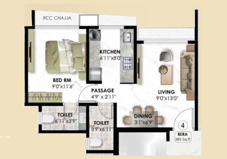 Floor plan of 1 BHK 385 Sq. Ft. Apartment in Saptarshi CHS Sion, Mumbai