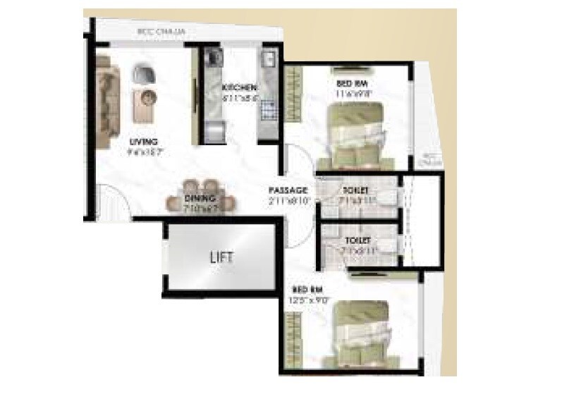 Floor plan of 2 BHK 592 Sq. Ft. Apartment in Saptarshi CHS Sion, Mumbai