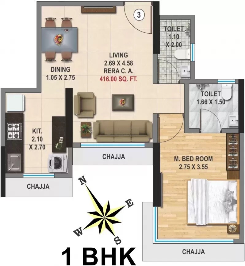 Floor plan of 1 BHK 416 Sq. Ft. Apartment in Saptrish Vihar Heights, Mumbai