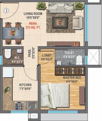 Floor plan of 1 BHK 373 Sq. Ft. Apartment in Saptrishi Shree Balaji 135, Mumbai