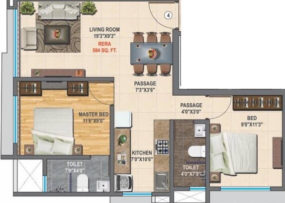 Floor plan of 2 BHK 584 Sq. Ft. Apartment in Saptrishi Shree Balaji 135, Mumbai