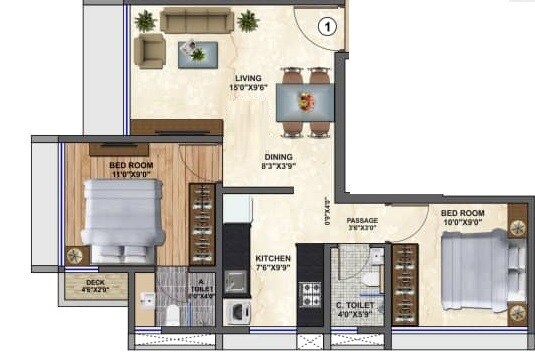 Floor plan of 2 BHK 535 Sq. Ft. Apartment in Saptrishi Shree Balaji 7, Mumbai