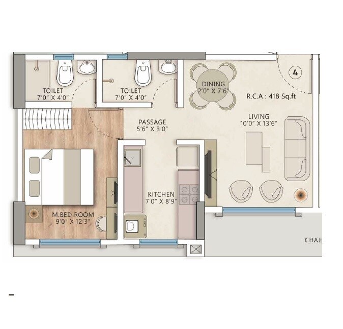 Floor plan of 1 BHK 418 Sq. Ft. Apartment in Sardar Inspire Residency, Mumbai