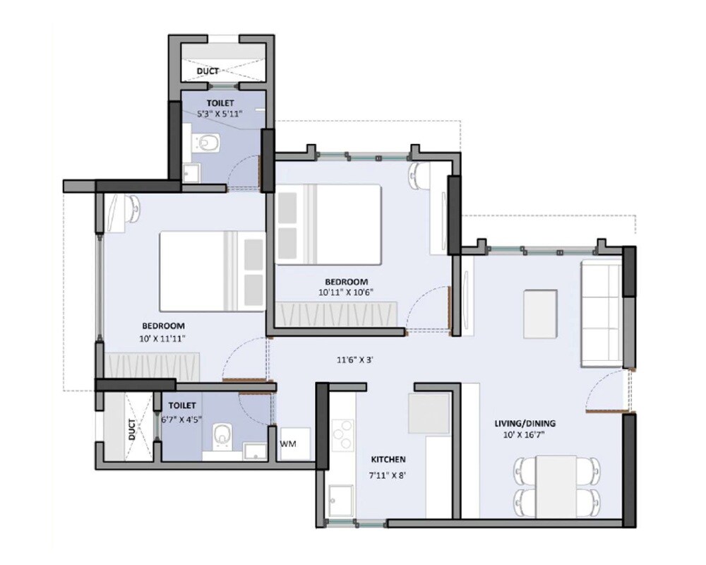 Floor plan of 2 BHK 594 Sq. Ft. Apartment in Sarvshubh Shriram Niwas, Mumbai