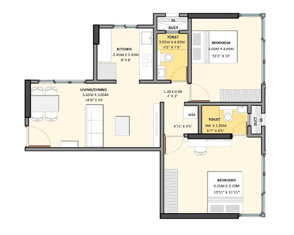 Floor plan of 2 BHK 683 Sq. Ft. Apartment in Sarvshubh Shriram Niwas, Mumbai
