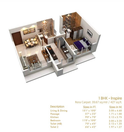 Floor plan of 1 BHK 427 Sq. Ft. Apartment in Satellite Codename Legacy, Mumbai