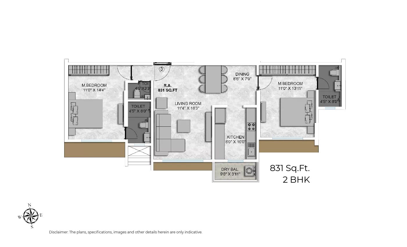 Floor plan of 2 BHK 831 Sq. Ft. Apartment in Sati Darshan Apartment, Mumbai