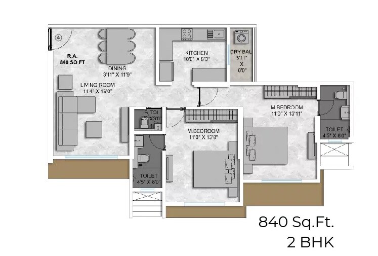 2 BHK 840 Sq. Ft. Apartment