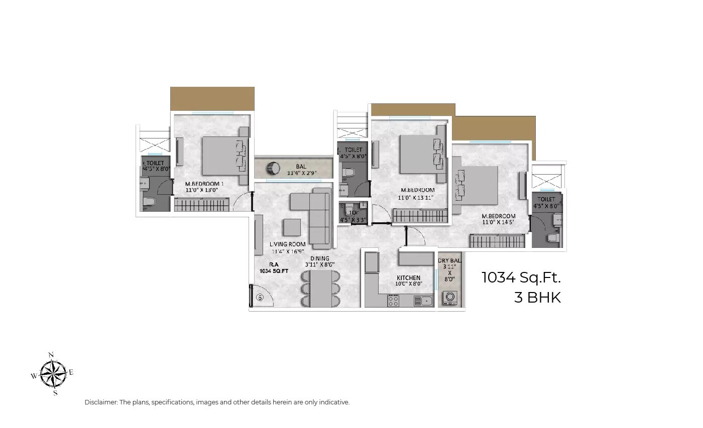 Floor plan of 3 BHK 1034 Sq. Ft. Apartment in Sati Darshan Apartment, Mumbai